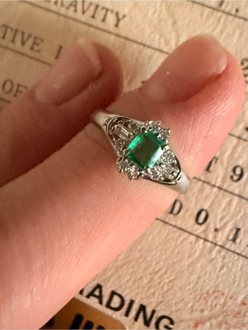 Natural Emerald and Diamond Halo Ring in Platinum Sz5.5